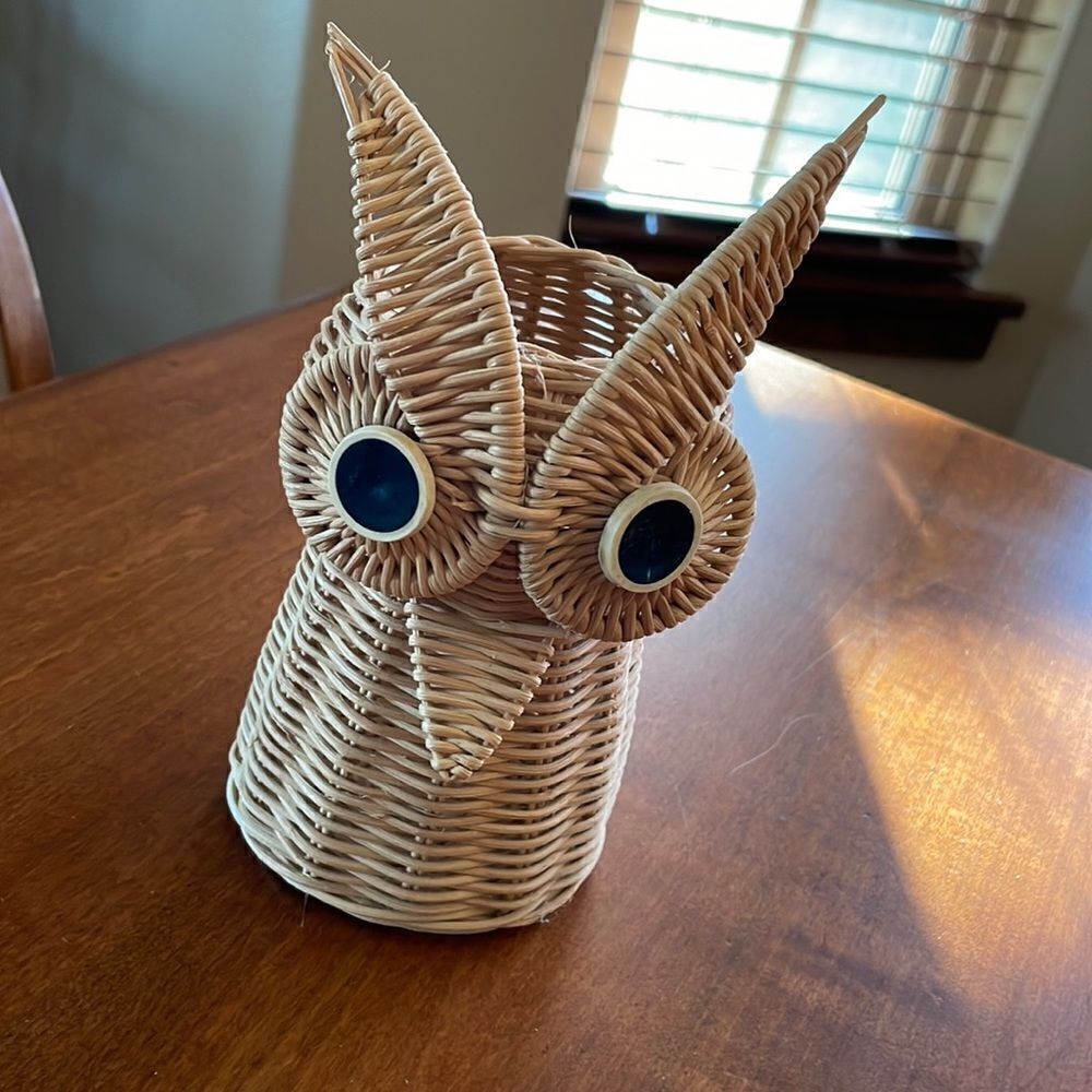 Vintage Wicker Owl Pencil Holder